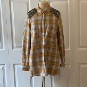 FREE PEOPLE- Flannel Shirt-  M-Yellow/Blue- Sequins on Shoulders and Back